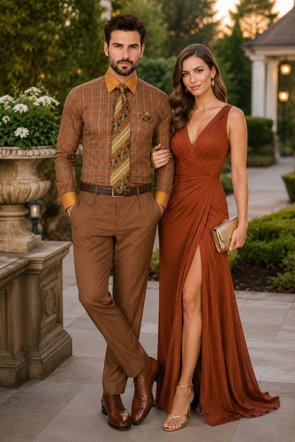Rust Tone on Tone Check Pattern Dress Shirt Set with Cuff