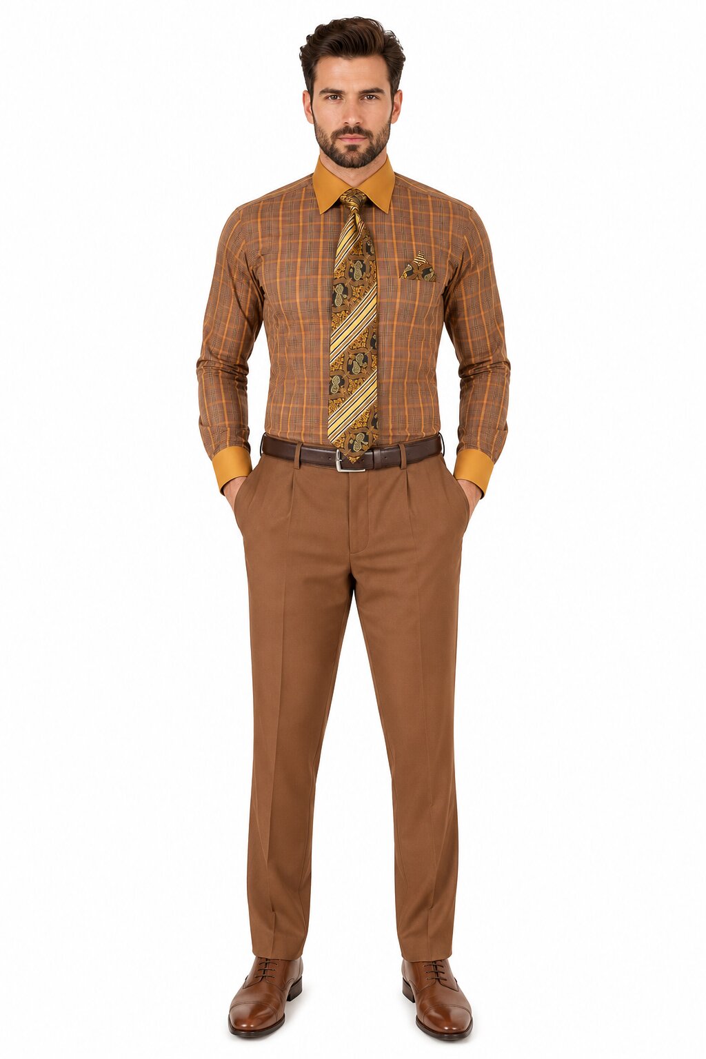 Rust Tone on Tone Check Pattern Dress Shirt Set with Cuff
