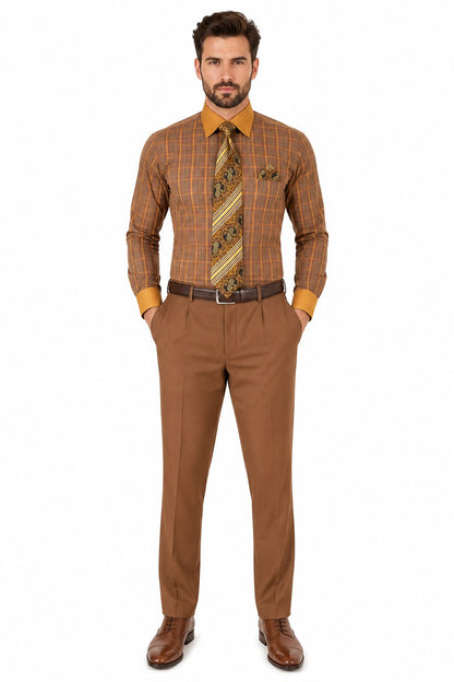 Rust Tone on Tone Check Pattern Dress Shirt Set with Cuff