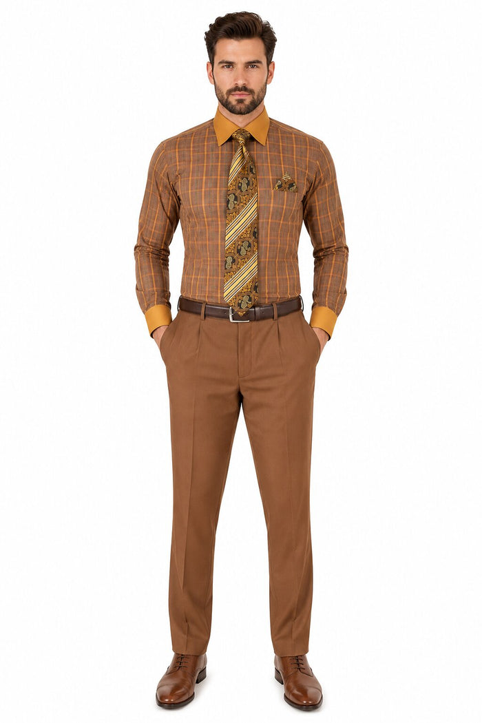 Rust Tone on Tone Check Pattern Dress Shirt Set with Cuff