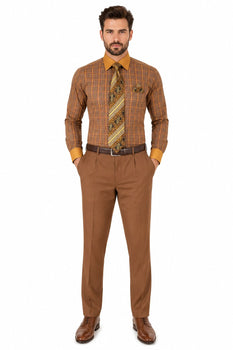 Mens Rust Tone on Tone Check Pattern Dress Shirt