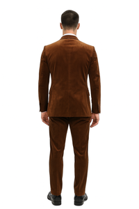 Mens Brown Velvet 2-Piece Suit – Luxury Slim Fit Formal Blazer and Pants Set in Rust Copper Color