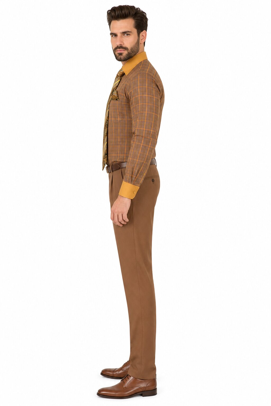 Rust Tone on Tone Check Pattern Dress Shirt Set with Cuff