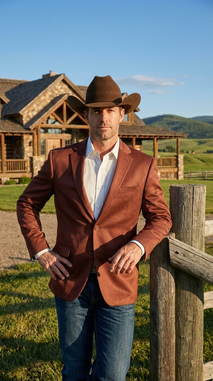 Mens Rust Light Brown Shiny Western Blazer – Cowboy Style Formal Sport Coat Jacket in Copper Color Slim Fitted