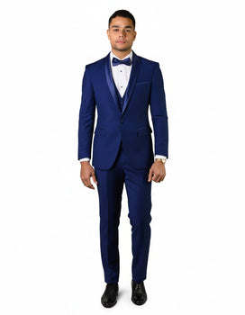 Mens 1 Button Shawl Lapel Vested Wool Wedding - Prom Tuxedo in Bright Sapphire Blue - Mens Slim Fitted Tuxedo