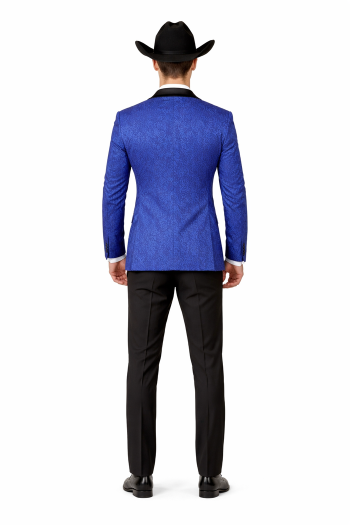 Men's Satin Shawl Lapel Blue 2 Buttons Floral Slim Fit Blazer Sport coat Paisley Royal Blue Tuxedo