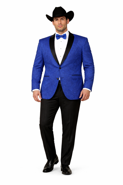 Men's Satin Shawl Lapel Blue 2 Buttons Floral Slim Fit Blazer Sport coat Paisley Royal Blue Tuxedo