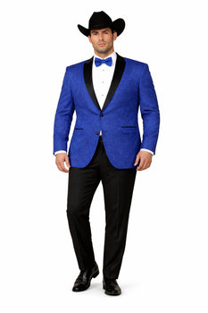 Men's Satin Shawl Lapel Blue 2 Buttons Floral Slim Fit Blazer Sport coat Paisley Royal Blue Tuxedo