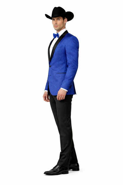 Men's Satin Shawl Lapel Blue 2 Buttons Floral Slim Fit Blazer Sport coat Paisley Royal Blue Tuxedo