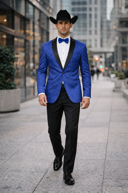 Men's Satin Shawl Lapel Blue 2 Buttons Floral Slim Fit Blazer Sport coat Paisley Royal Blue Tuxedo