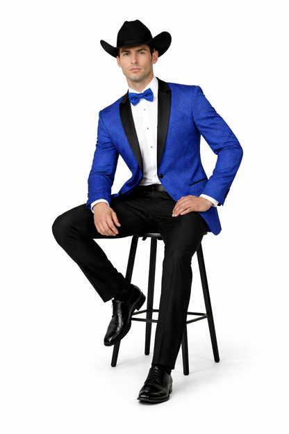 Men's Satin Shawl Lapel Blue 2 Buttons Floral Slim Fit Blazer Sport coat Paisley Royal Blue Tuxedo