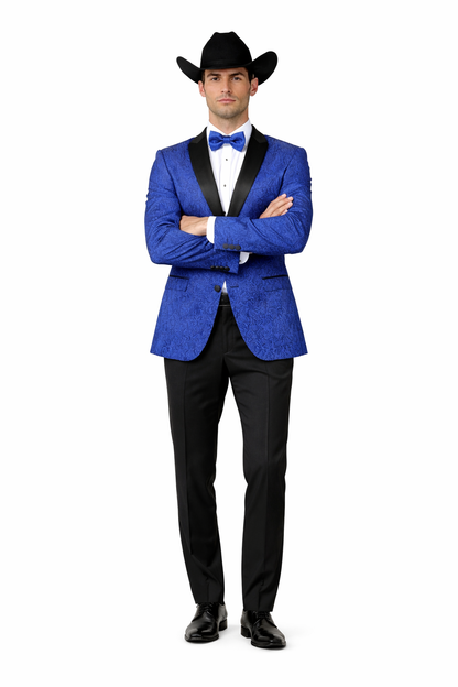 Men's Satin Shawl Lapel Blue 2 Buttons Floral Slim Fit Blazer Sport coat Paisley Royal Blue Tuxedo