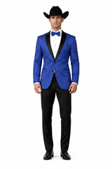 Men's Satin Shawl Lapel Blue 2 Buttons Floral Slim Fit Blazer Sport coat Paisley Royal Blue Tuxedo