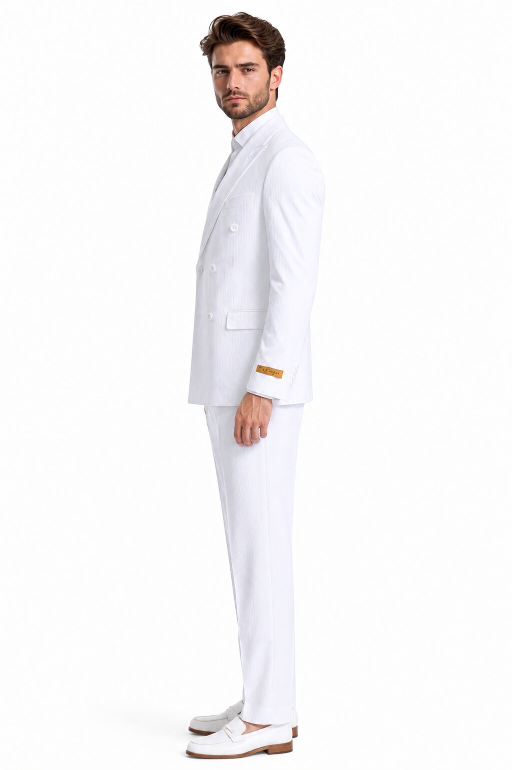 Men's Double Breasted Summer Seersucker Suit in White Pinstripe by Alberto Nardoni