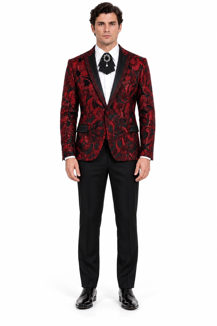 Mens Sequin Christmas Holiday Blazer – Luxury Party Jacket for New Year Jacket Sparkly Dinner Jacket in color "Burgundy Red & Black Floral"