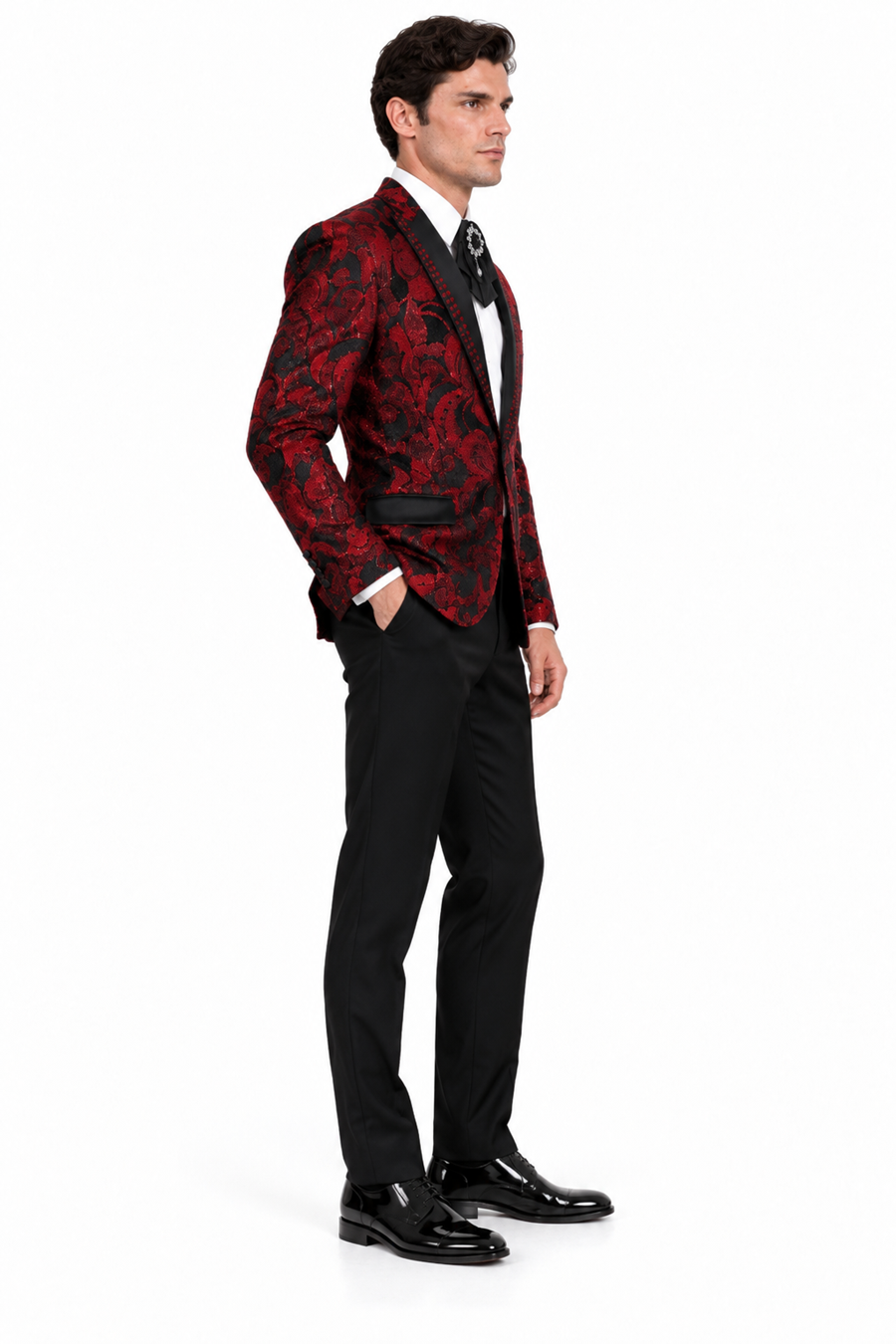 Mens Sequin Christmas Holiday Blazer – Luxury Party Jacket for New Year Jacket Sparkly Dinner Jacket in color "Burgundy Red & Black Floral"