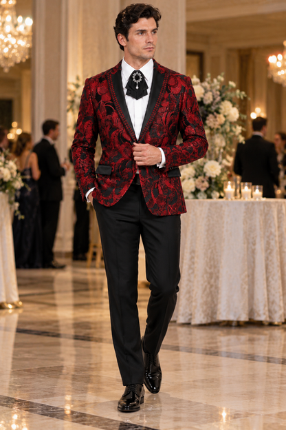 Mens Sequin Christmas Holiday Blazer – Luxury Party Jacket for New Year Jacket Sparkly Dinner Jacket in color "Burgundy Red & Black Floral"