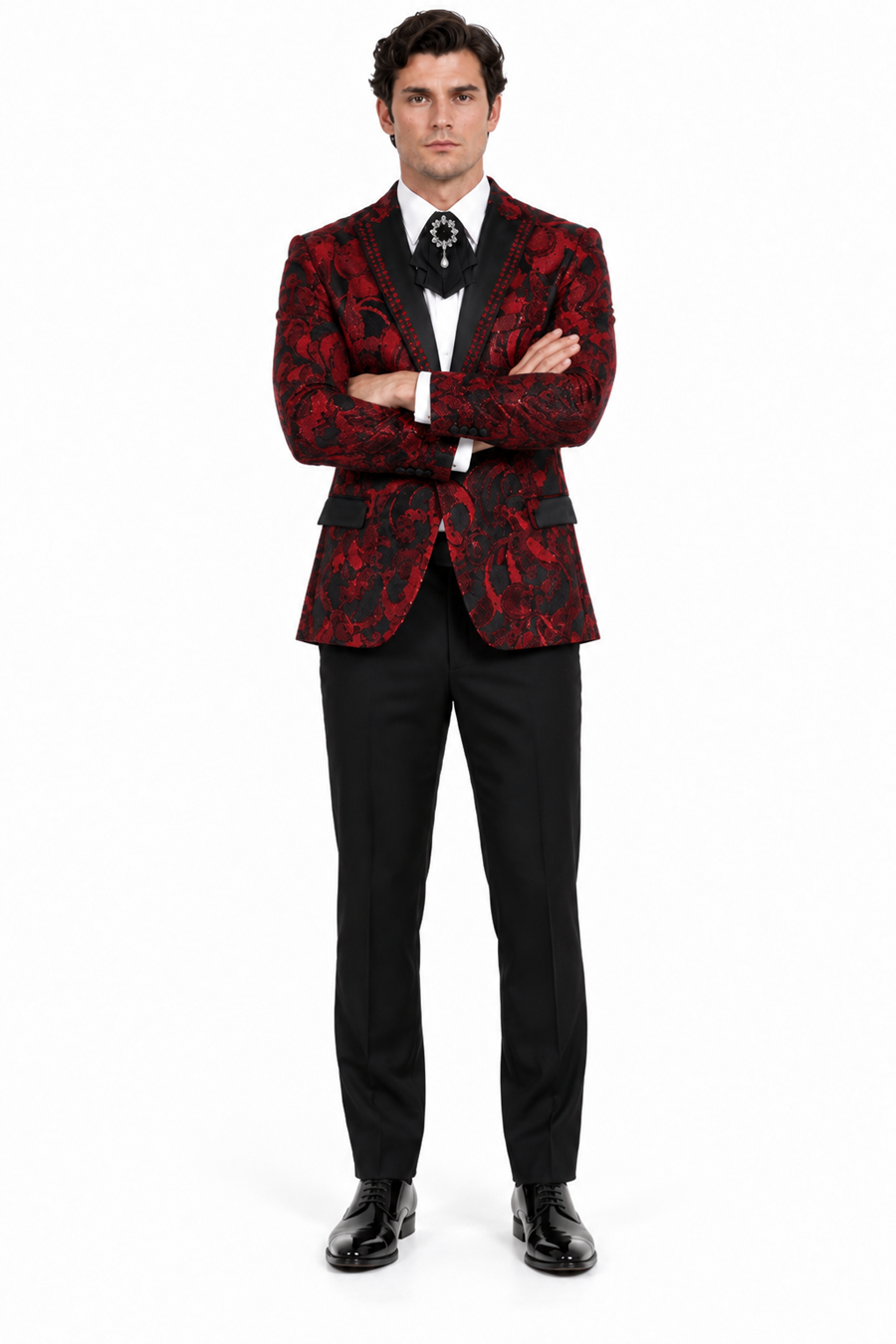 Mens Sequin Christmas Holiday Blazer – Luxury Party Jacket for New Year Jacket Sparkly Dinner Jacket in color "Burgundy Red & Black Floral"
