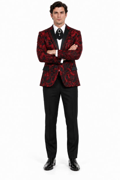Mens Sequin Christmas Holiday Blazer – Luxury Party Jacket for New Year Jacket Sparkly Dinner Jacket in color "Burgundy Red & Black Floral"