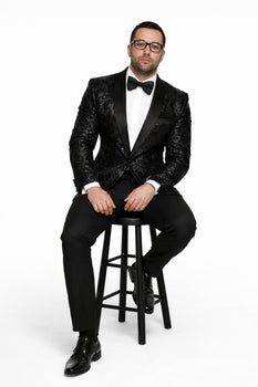 Men'S Sharkskin Flashy Stage Shiny Sequin Paisley Blazer Dinner Jacket 1 Button Black Sport Coat Jacket - Image 5