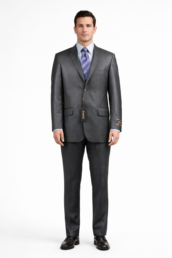 Slim Fit Suit Tapered Leg Lower rise Pants & Get skinny Two Button Three Piece Grey Sharkskin Suit with Contrast Taping