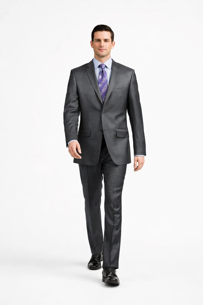 Slim Fit Suit Tapered Leg Lower rise Pants & Get skinny Two Button Three Piece Grey Sharkskin Suit with Contrast Taping