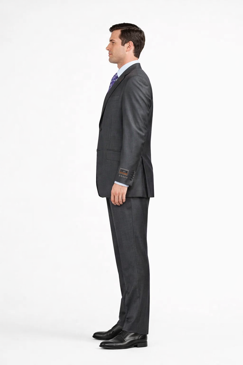 Slim Fit Suit Tapered Leg Lower rise Pants & Get skinny Two Button Three Piece Grey Sharkskin Suit with Contrast Taping