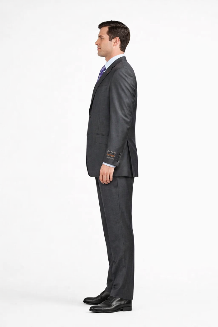 Slim Fit Suit Tapered Leg Lower rise Pants & Get skinny Two Button Three Piece Grey Sharkskin Suit with Contrast Taping