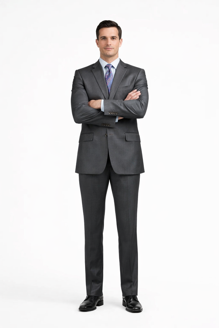 Slim Fit Suit Tapered Leg Lower rise Pants & Get skinny Two Button Three Piece Grey Sharkskin Suit with Contrast Taping