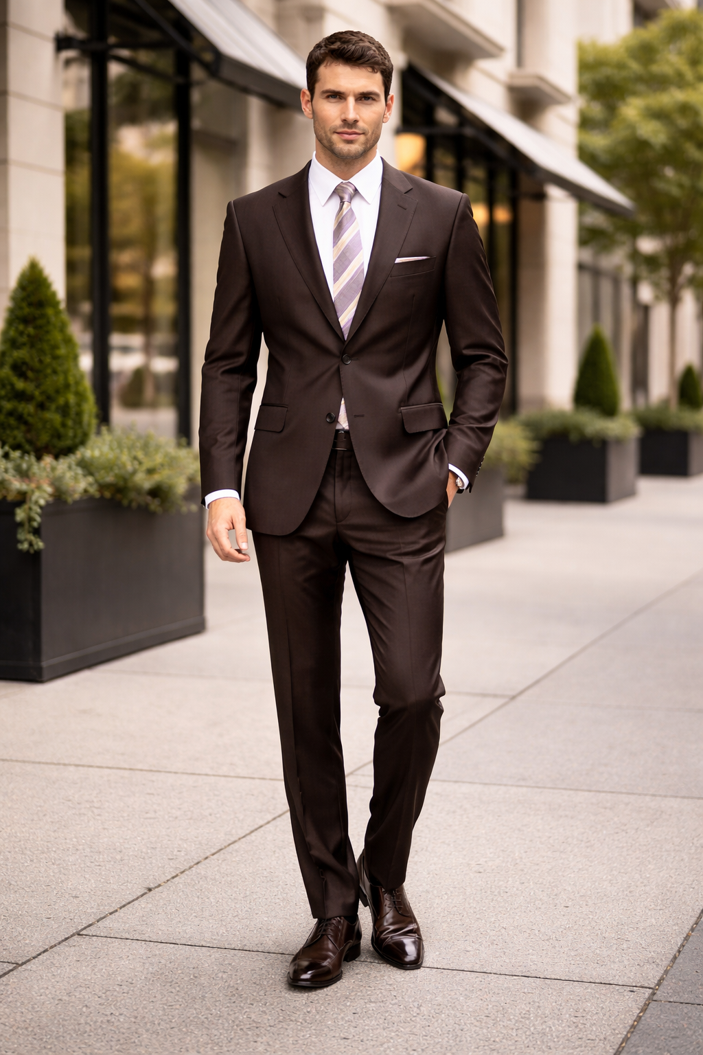 Mens Sharkskin Suits Two Button Suit New Edition Shiny Sharkskin Dark Brown