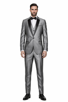 Mens Sharkskin Suits Mens Unique Bright Tuxedo Suits Vested 3 Pieces black lapel Shiny Flashy Sharskin Silver - Three Piece Suit