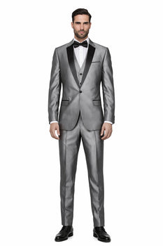 Mens Sharkskin Suits Mens Unique Bright Tuxedo Suits Vested 3 Pieces black lapel Shiny Flashy Sharskin Silver - Three Piece Suit