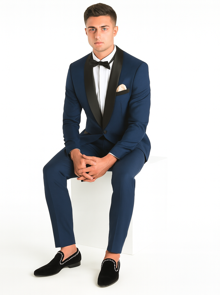Men's Shawl Lapel 2 Piece  Slim Fit Dark Navy Blue Suit For Men Tuxedo Suit Indigo ~ Bright Blue ~ Cobalt blue ~ Teal - Image 5