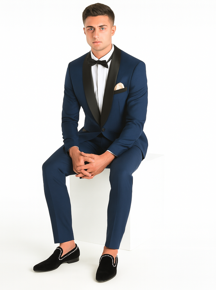 Men's Shawl Lapel 2 Piece  Slim Fit Dark Navy Blue Suit For Men Tuxedo Suit Indigo ~ Bright Blue ~ Cobalt blue ~ Teal - Image 5