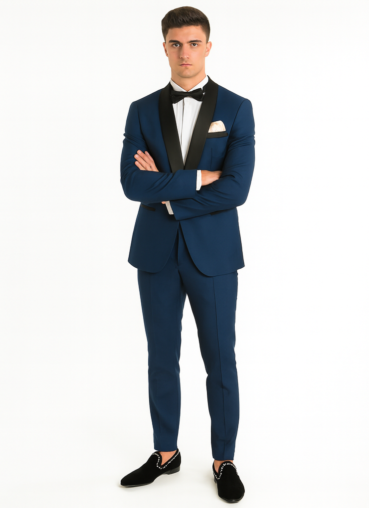 Men's Shawl Lapel 2 Piece  Slim Fit Dark Navy Blue Suit For Men Tuxedo Suit Indigo ~ Bright Blue ~ Cobalt blue ~ Teal - Image 8
