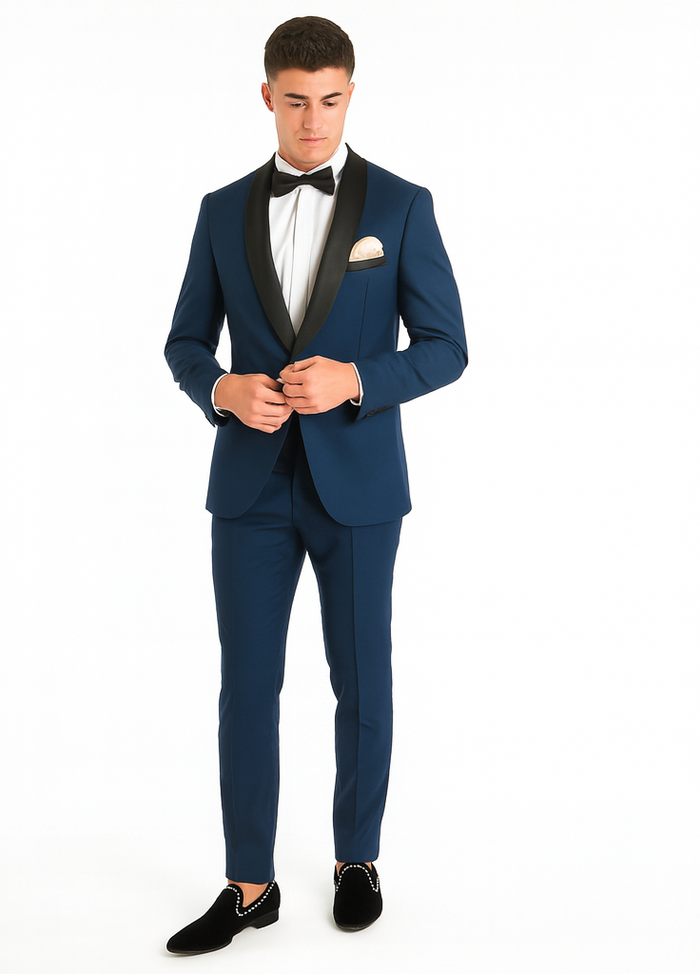 Men's Shawl Lapel 2 Piece  Slim Fit Dark Navy Blue Suit For Men Tuxedo Suit Indigo ~ Bright Blue ~ Cobalt blue ~ Teal - Image 3