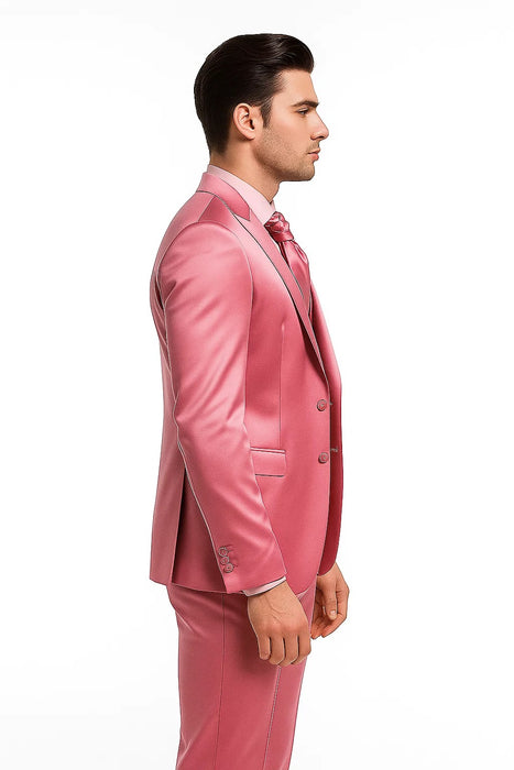 Mens Shiny Blazer - Rose Gold Sateen Vested Suit