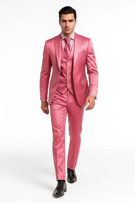 Mens Shiny Blazer - Rose Gold Sateen Vested Suit