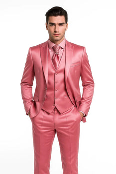 Mens Shiny Blazer - Rose Gold Sateen Vested Suit