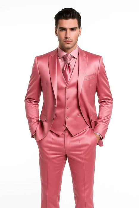 Mens Shiny Blazer - Rose Gold Sateen Vested Suit
