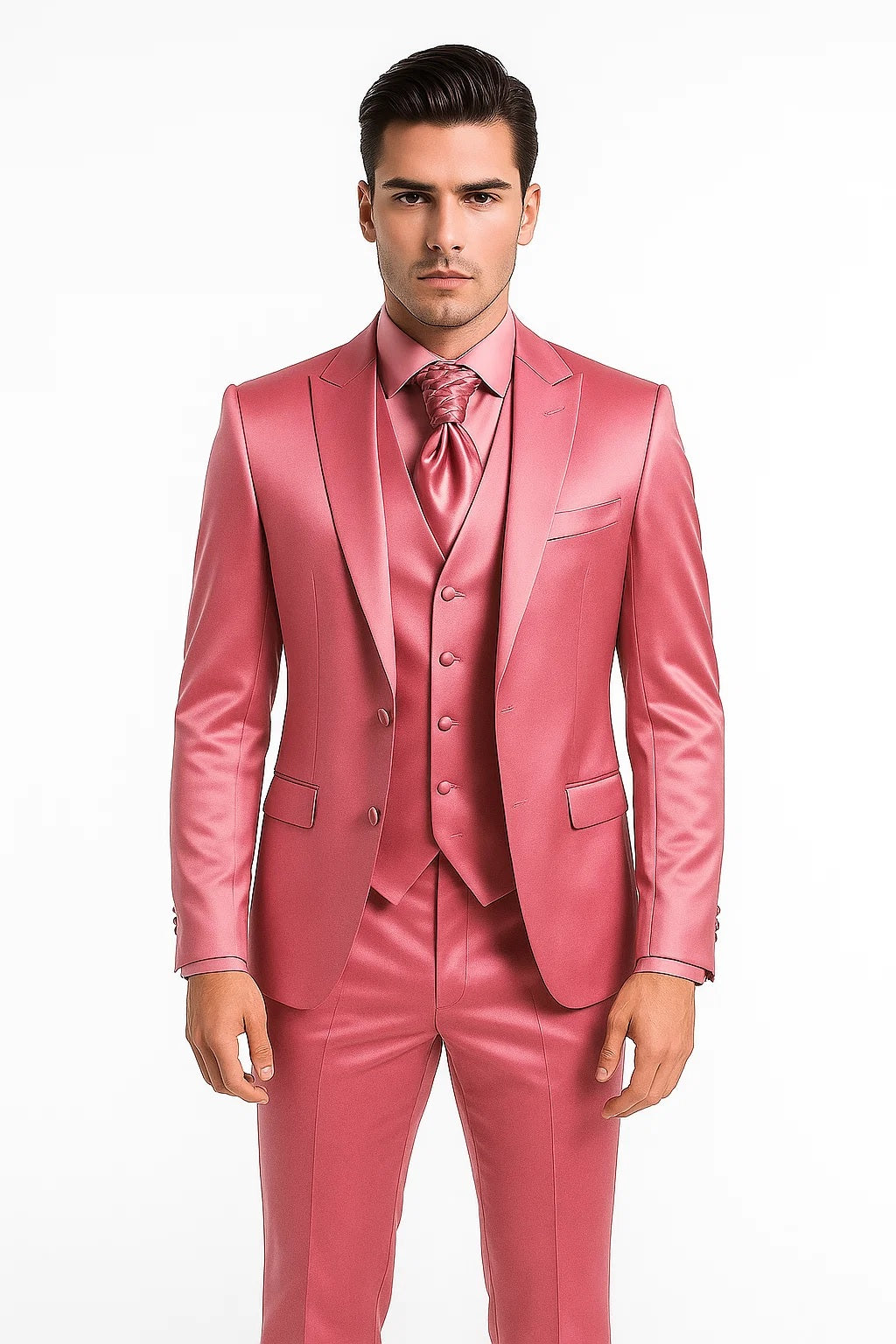 Mens Shiny Blazer - Rose Gold Sateen Vested Suit MensUSA Mens Shiny Blazer - Rose Gold Sateen Vested Suit MensUSA