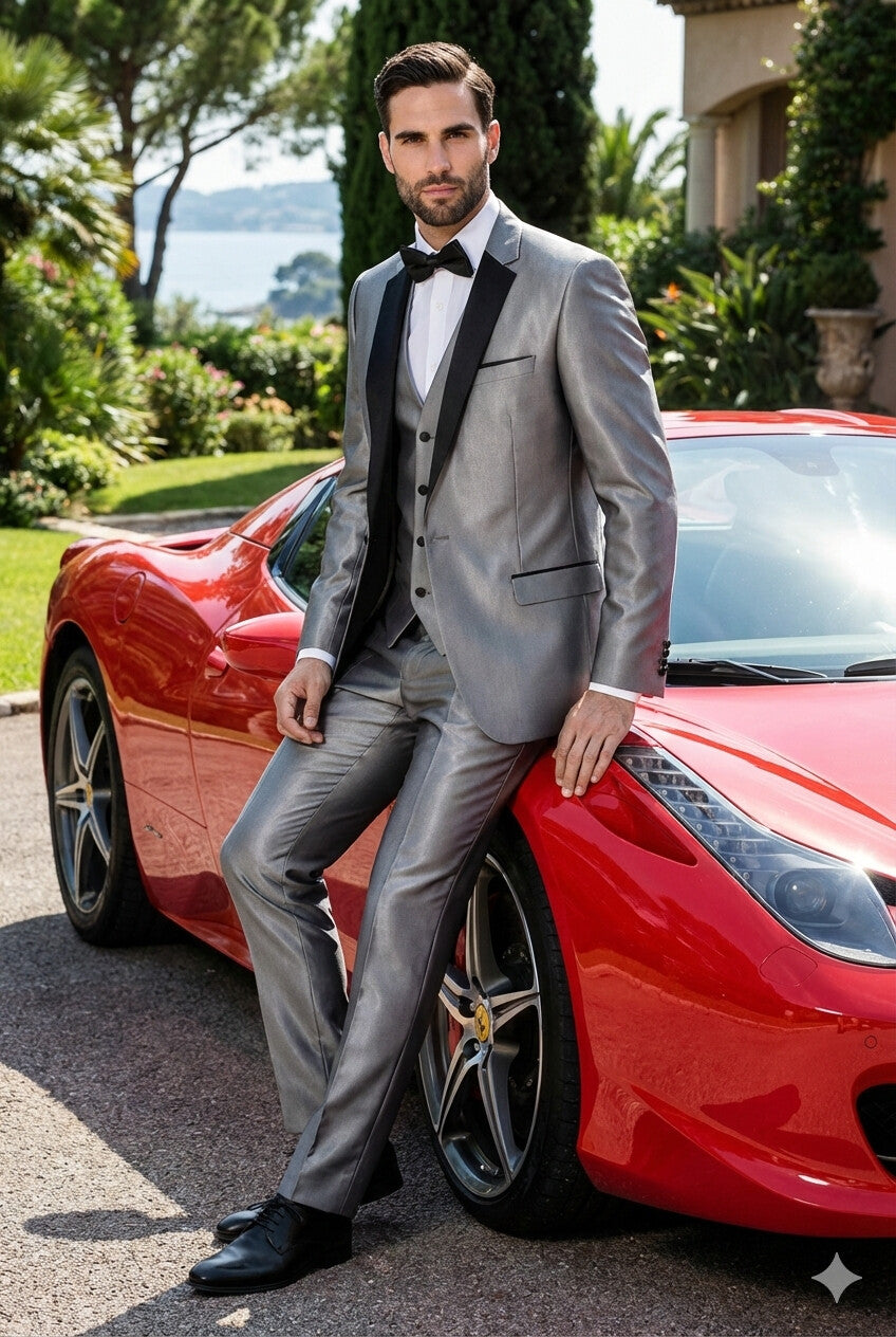 Mens Sharkskin Suits Mens Unique Bright Tuxedo Suits Vested 3 Pieces black lapel Shiny Flashy Sharskin Silver - Three Piece Suit