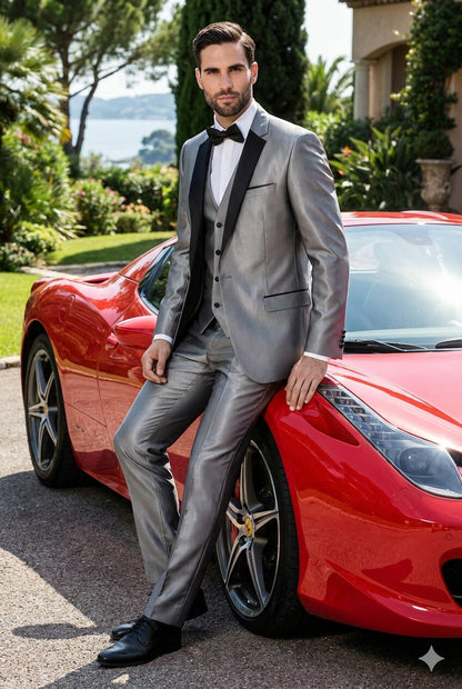 Mens Sharkskin Suits Mens Unique Bright Tuxedo Suits Vested 3 Pieces black lapel Shiny Flashy Sharskin Silver - Three Piece Suit