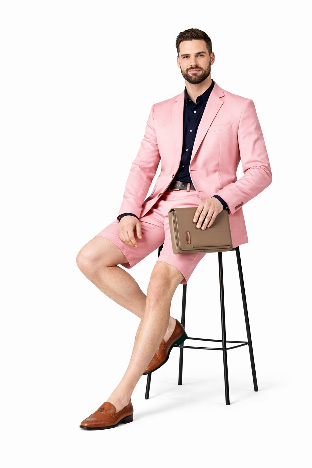 Mens Short Pants Suit Set Mens Two Button  Suit For Men Pink