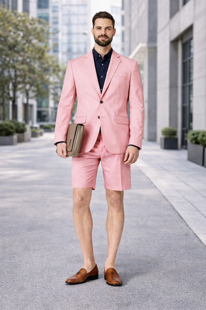 Mens Short Pants Suit Set Mens Two Button  Suit For Men Pink