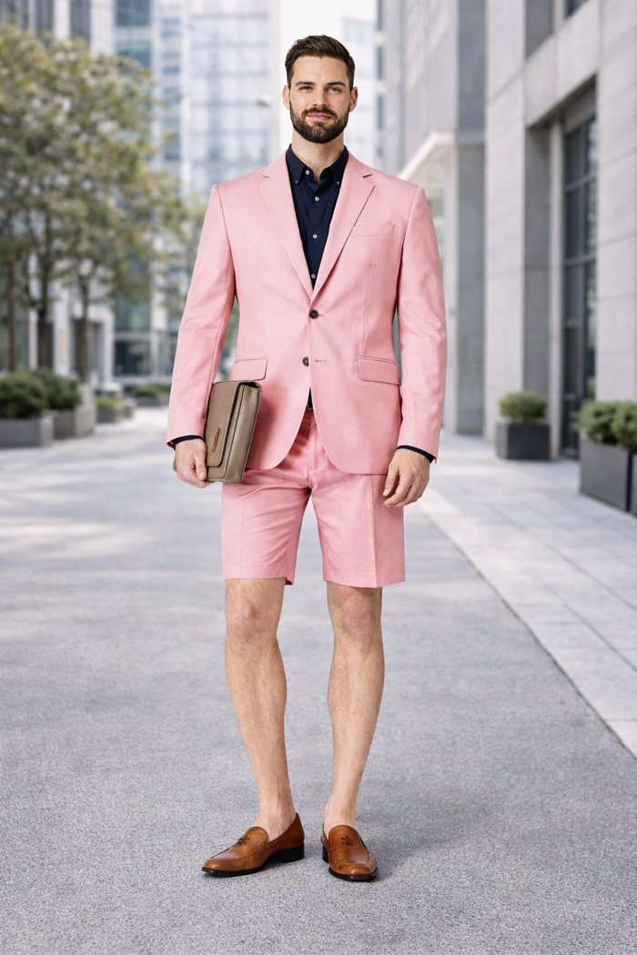 Mens Short Pants Suit Set Mens Two Button  Suit For Men Pink
