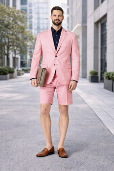 Mens Short Pants Suit Set Mens Two Button  Suit For Men Pink