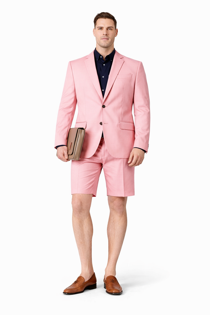 Mens Short Pants Suit Set Mens Two Button  Suit For Men Pink