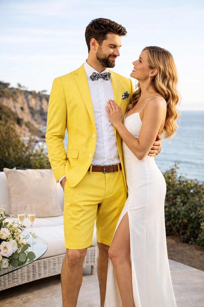 Mens Short Pants Suit Set Mens Yellow  Suit For Men