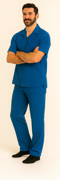Men's Short Sleeve 2 Piece Casual Two Piece Mens Walking Outfit For Sale Pant Sets Set With Long Pants 100% Linen Royal Shirt - Image 3
